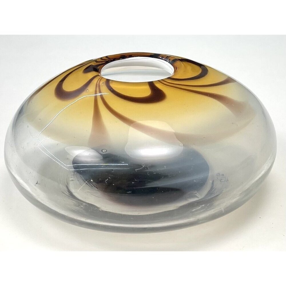 6"x3" Brown Swirl Hand Blown Art Glass Pillow Bowl Vase Heavy Unsigned 9B EUC